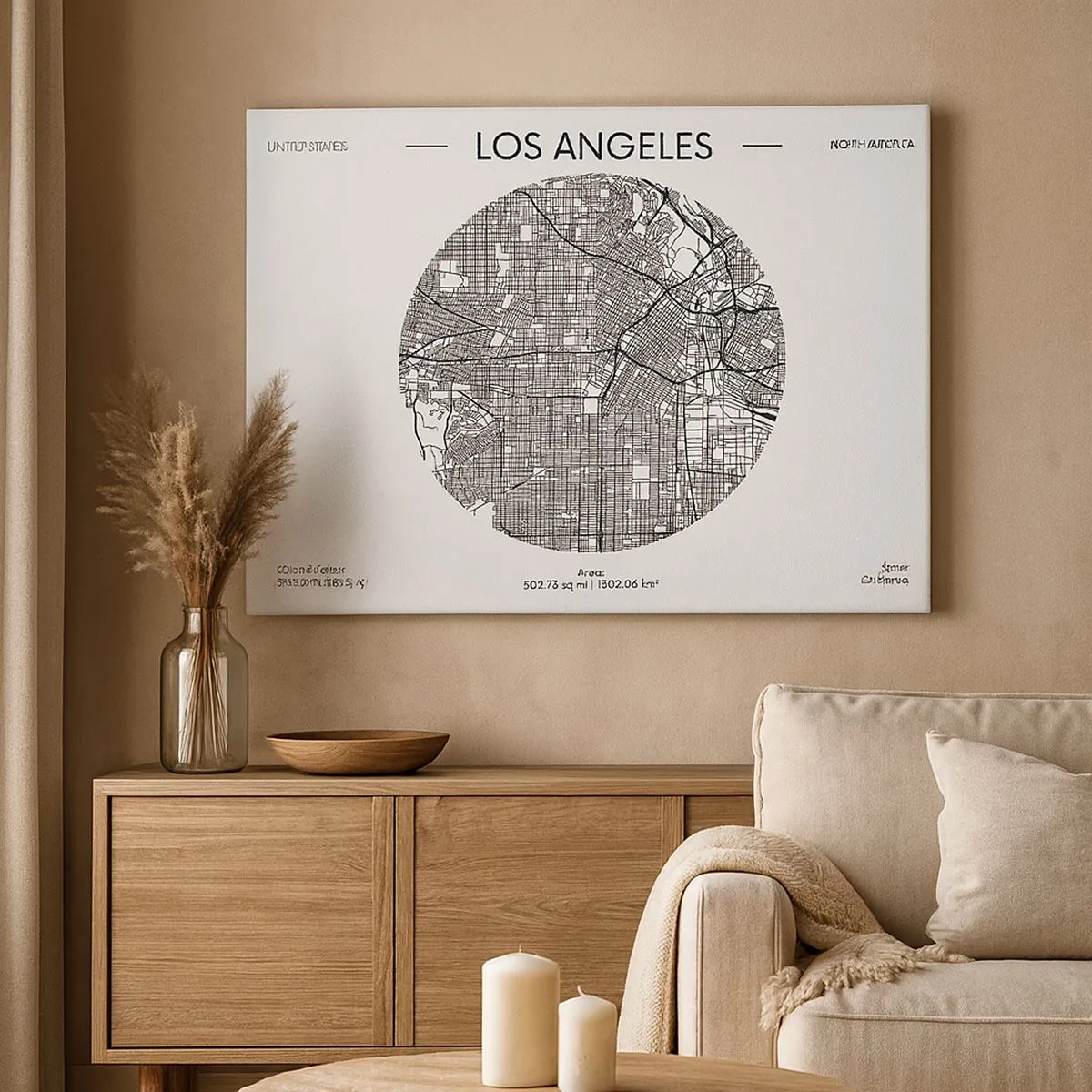 Obraz na plátně - Mapa Los Angeles v minimalistickém černobílém stylu - 70x50cm - Anatomie Los Angeles - Moderní nástěnná dekorace do obývacího pokoje a ložnice ARTTOR