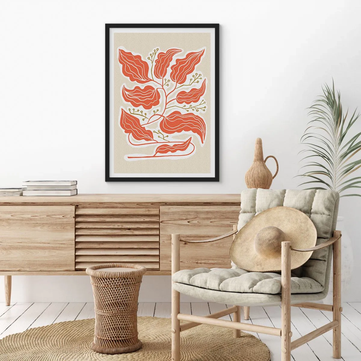 Plakát v černém rámu - Abstraktní kompozice listů v odstínech oranžové a béžové. - 50x70cm - Lidově a korálově - Moderní nástěnná dekorace do obývacího pokoje a ložnice ARTTOR