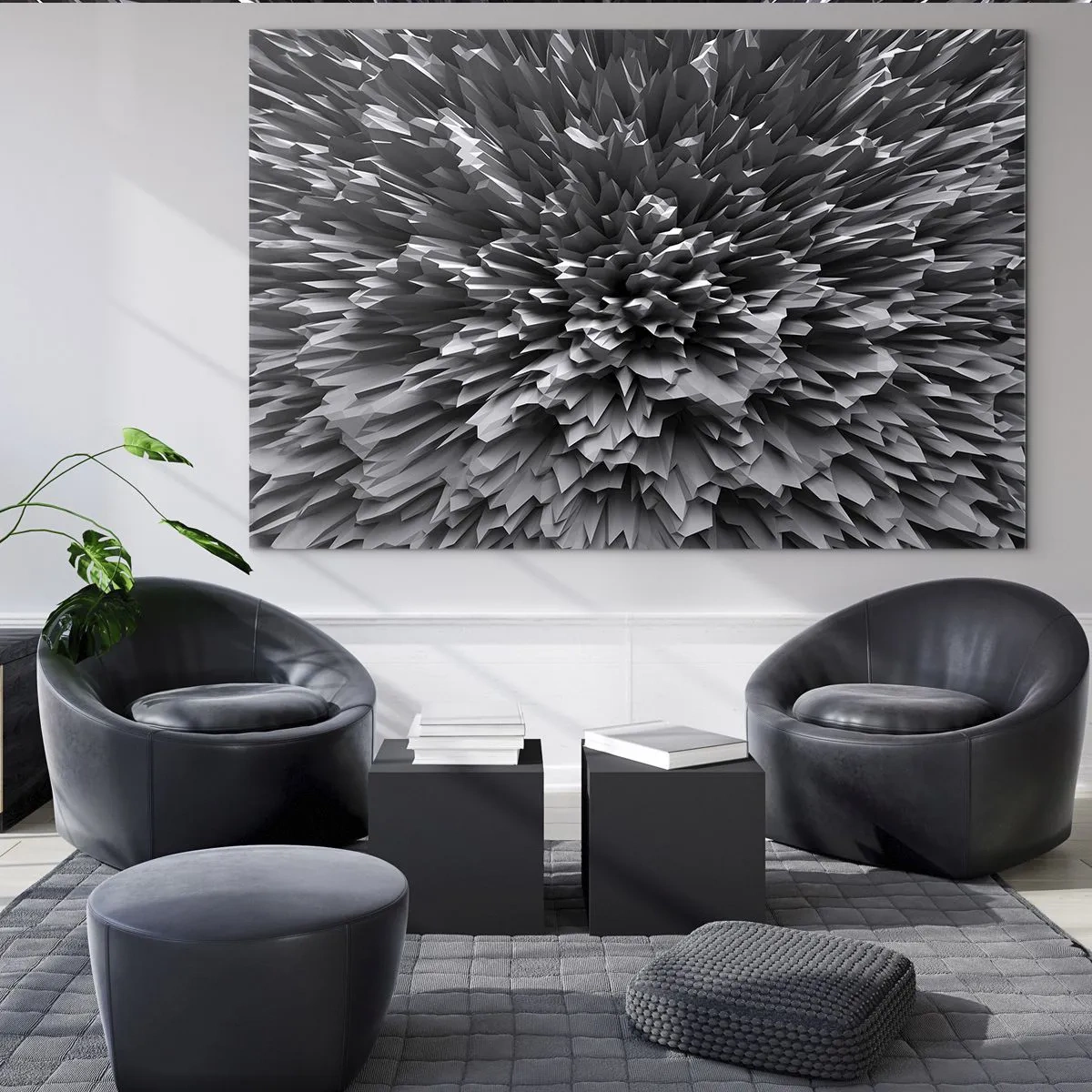 Obraz na skle - Abstraktní černobílá 3D struktura s ostrými hranami - 70x50cm - Ostřejší to už nebude - Moderní nástěnná dekorace do obývacího pokoje a ložnice ARTTOR