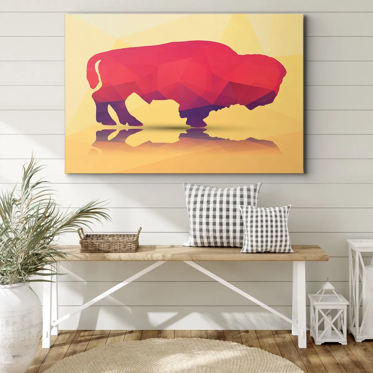 Obraz na plátně - Geometrická silueta bizona v odstínech červené a fialové - 70x50cm - Amarantová síla zubra - Moderní nástěnná dekorace do obývacího pokoje a ložnice ARTTOR