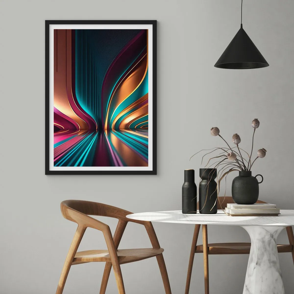 Plakát v černém rámu - Futuristická abstrakce ve zlatých a tyrkysových barvách - 50x70cm - Architektura světla - Moderní nástěnná dekorace do obývacího pokoje a ložnice ARTTOR