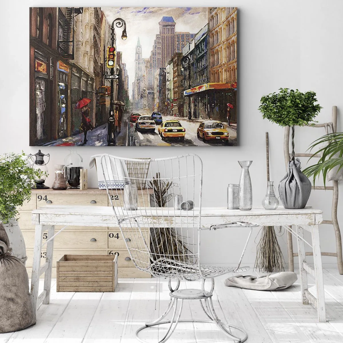 Obraz na plátně - Město s ulicí a žlutými taxíky - 70x50cm - New York – barevný i v dešti - Moderní nástěnná dekorace do obývacího pokoje a ložnice ARTTOR