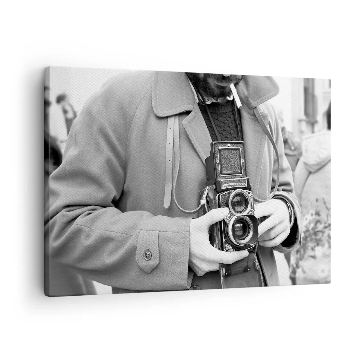 Obraz na plátně - Černobílá fotografie muže s retro fotoaparátem - 70x50cm - V retro stylu - Moderní nástěnná dekorace do obývacího pokoje a ložnice ARTTOR