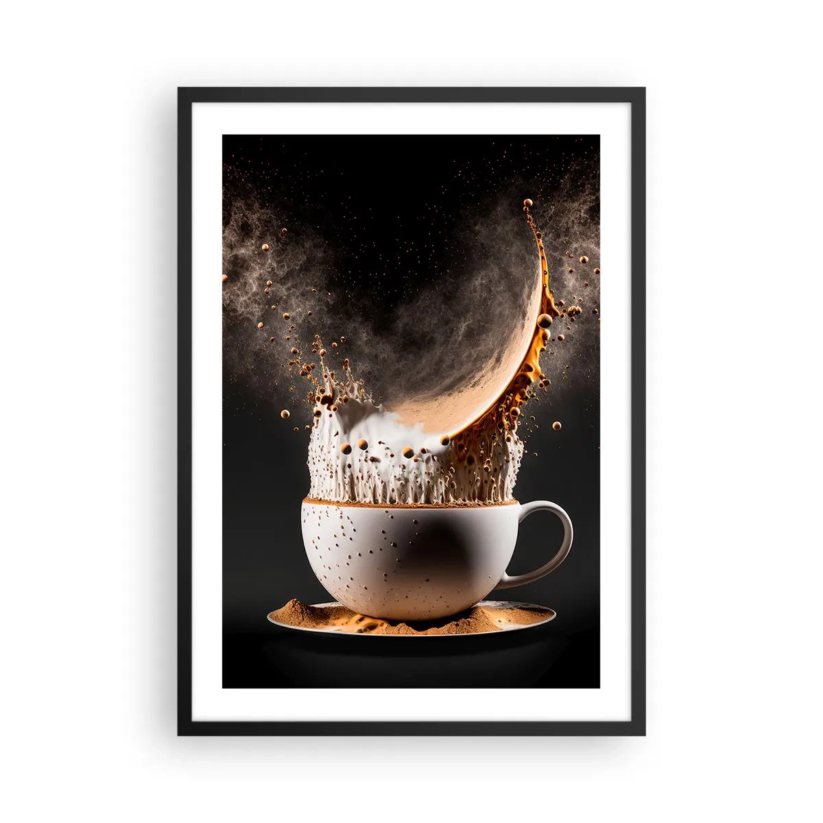 Plakát v černém rámu - Dynamická exploze kávy v šálku - 50x70cm - Exploze chuti - Moderní nástěnná dekorace do obývacího pokoje a ložnice ARTTOR