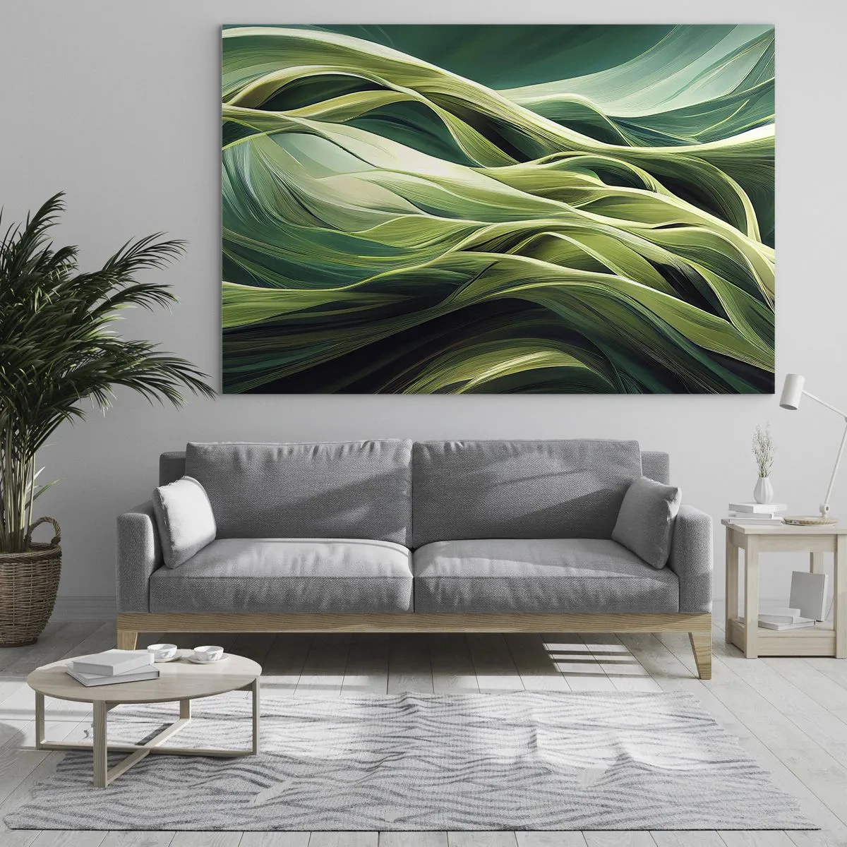 Obraz na skle - Abstraktní zelené vlny s organickými tvary - 70x50cm - Abstraktní hra na zelenou - Moderní nástěnná dekorace do obývacího pokoje a ložnice ARTTOR