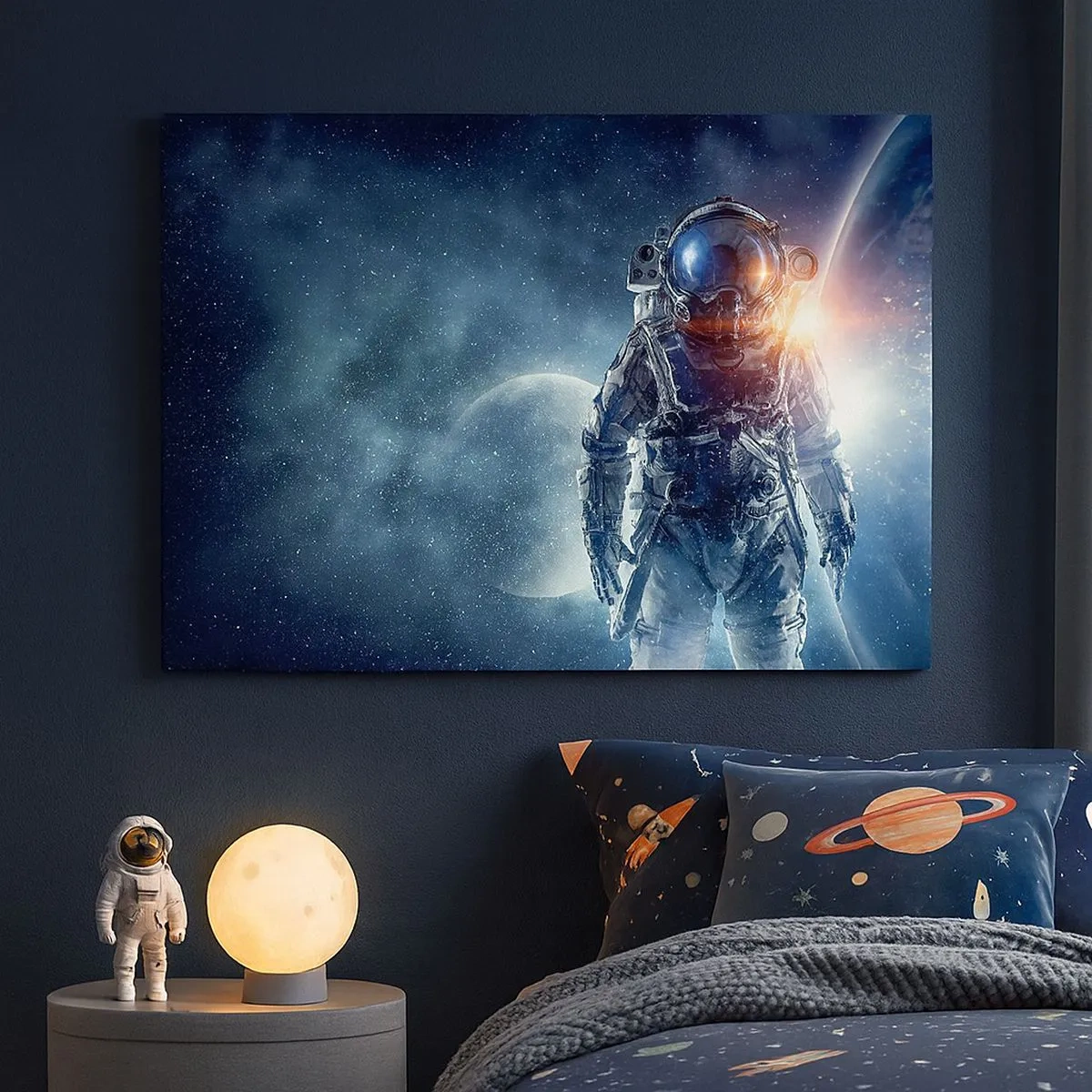 Obraz na plátně - Astronaut na pozadí vesmíru a planety Země - 70x50cm - Vesmírné dobrodružství - Moderní nástěnná dekorace do obývacího pokoje a ložnice ARTTOR