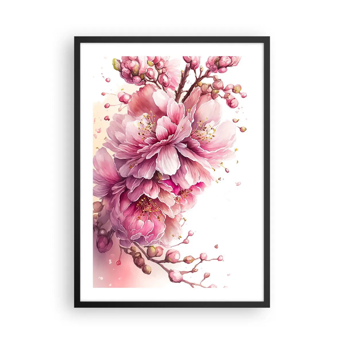 Plakát v černém rámu - Jemné růžové třešňové květy v plném květu na světlém pozadí - 50x70cm - Květ kvetoucí třešně - Moderní nástěnná dekorace do obývacího pokoje a ložnice ARTTOR