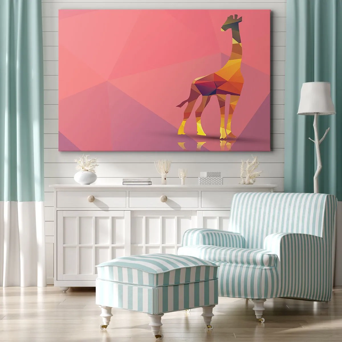 Obraz na plátně - Geometrická silueta žirafy v pastelových odstínech růžové a žluté - 70x50cm - V barvách savany - Moderní nástěnná dekorace do obývacího pokoje a ložnice ARTTOR