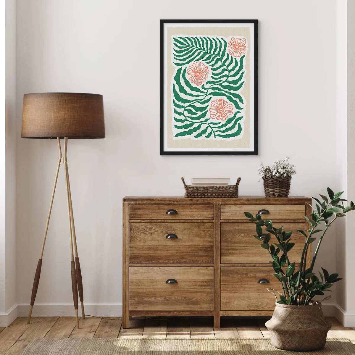 Plakát v černém rámu - Abstraktní grafika listů a květů na béžovém pozadí - 50x70cm - Rozkvetlé v zeleni - Moderní nástěnná dekorace do obývacího pokoje a ložnice ARTTOR