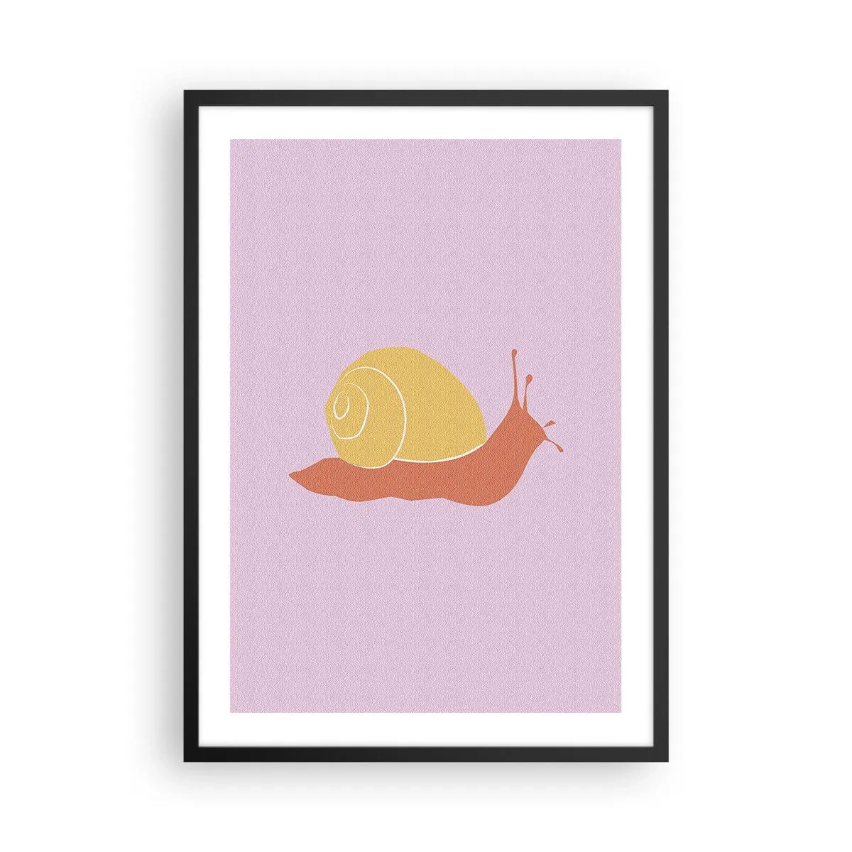 Plakát v černém rámu - Minimalistická grafika šneka na pastelovém pozadí - 50x70cm - Není kam spěchat - Moderní nástěnná dekorace do obývacího pokoje a ložnice ARTTOR