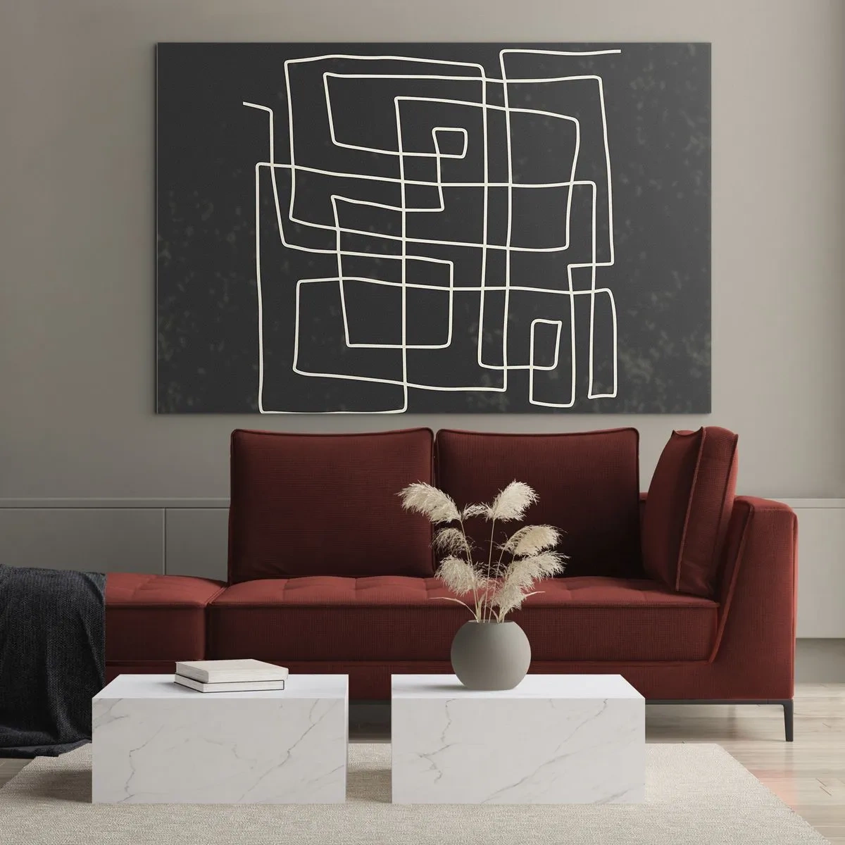 Obraz na skle - Geometrická abstrakce s bílými čarami na černém pozadí - 70x50cm - Není to tak jednoduché - Moderní nástěnná dekorace do obývacího pokoje a ložnice ARTTOR