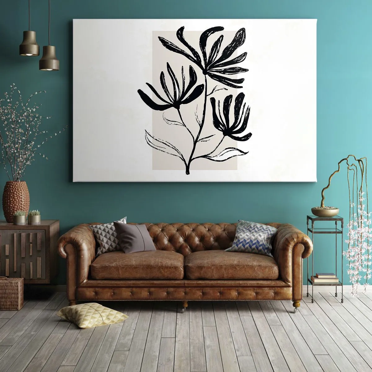 Obraz na plátně - Minimalistický černobílý květinový motiv - 70x50cm - Náčrtek pro herbář - Moderní nástěnná dekorace do obývacího pokoje a ložnice ARTTOR