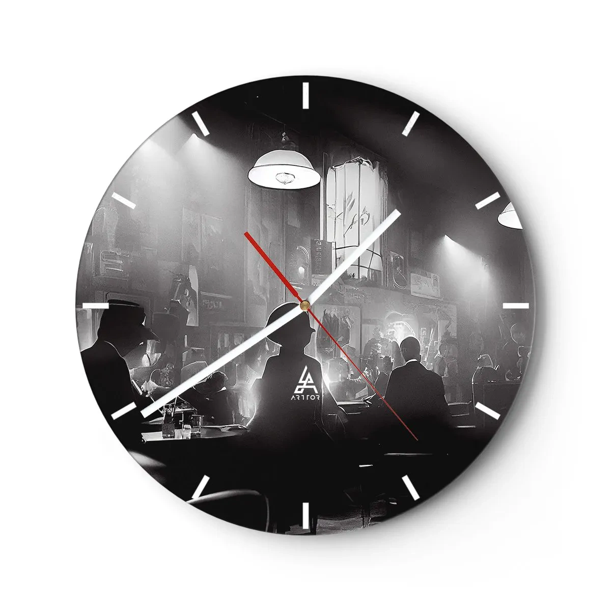 Nástěnné hodiny - Černobílá scéna z jazzového klubu se siluetami hostů - 30x30cm - V jazzové atmosféře - Moderní nástěnná dekorace do obývacího pokoje, kuchyně a ložnice ARTTOR