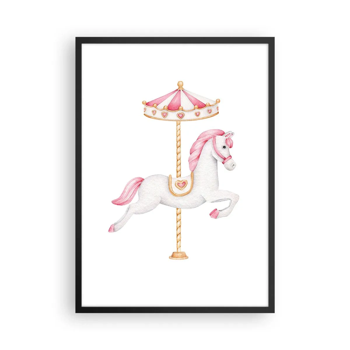 Plakát v černém rámu - Okouzlující bílý kůň na kolotoči v pastelových barvách - 50x70cm - Vyrazil z kopýtka - Moderní nástěnná dekorace do obývacího pokoje a ložnice ARTTOR