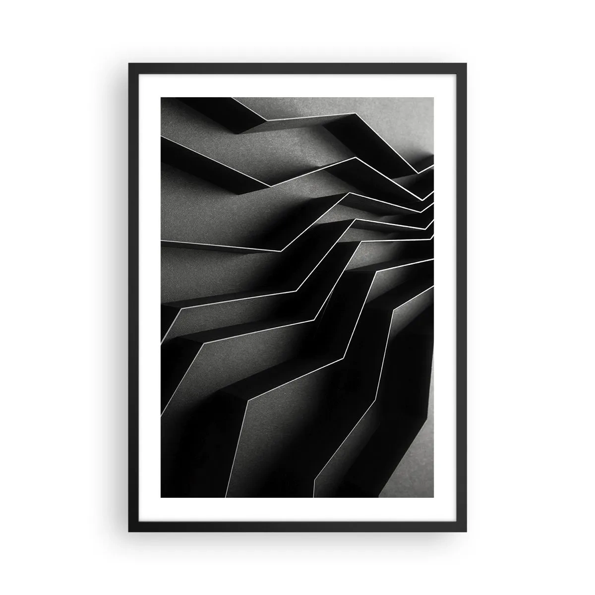 Plakát v černém rámu - Černobílá kompozice geometrických, prostorových struktur - 50x70cm - Prostorový pořádek - Moderní nástěnná dekorace do obývacího pokoje a ložnice ARTTOR