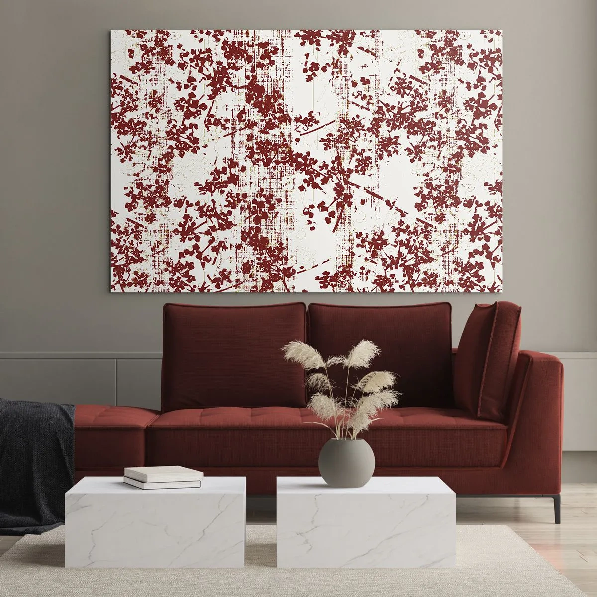 Obraz na skle - Květinový vzor v červené barvě na světlém, opotřebovaném pozadí - 70x50cm - Staré kaliko - Moderní nástěnná dekorace do obývacího pokoje a ložnice ARTTOR