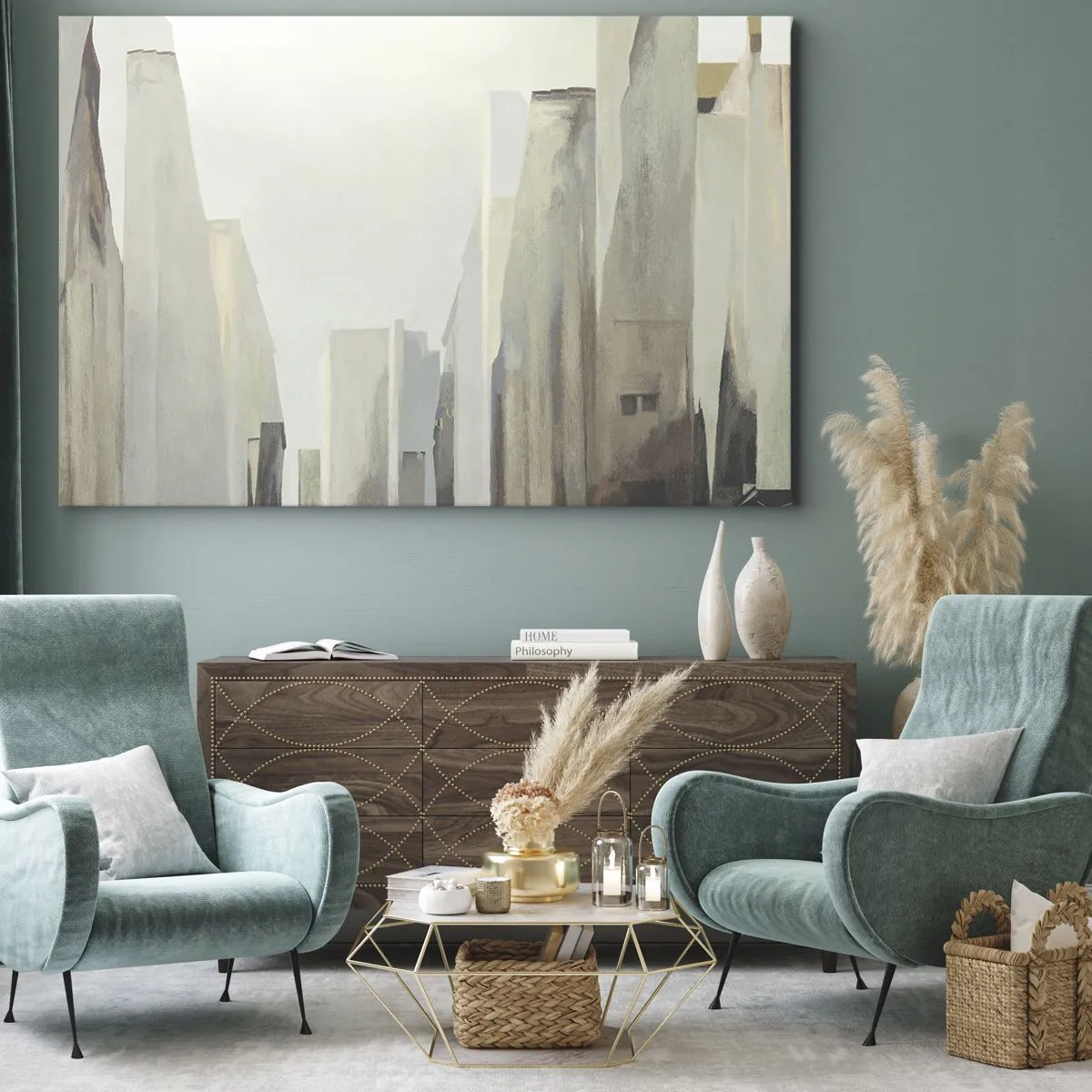 Obraz na plátně - Abstraktní městská krajina v pastelových odstínech - 70x50cm - Sen o městě - Moderní nástěnná dekorace do obývacího pokoje a ložnice ARTTOR