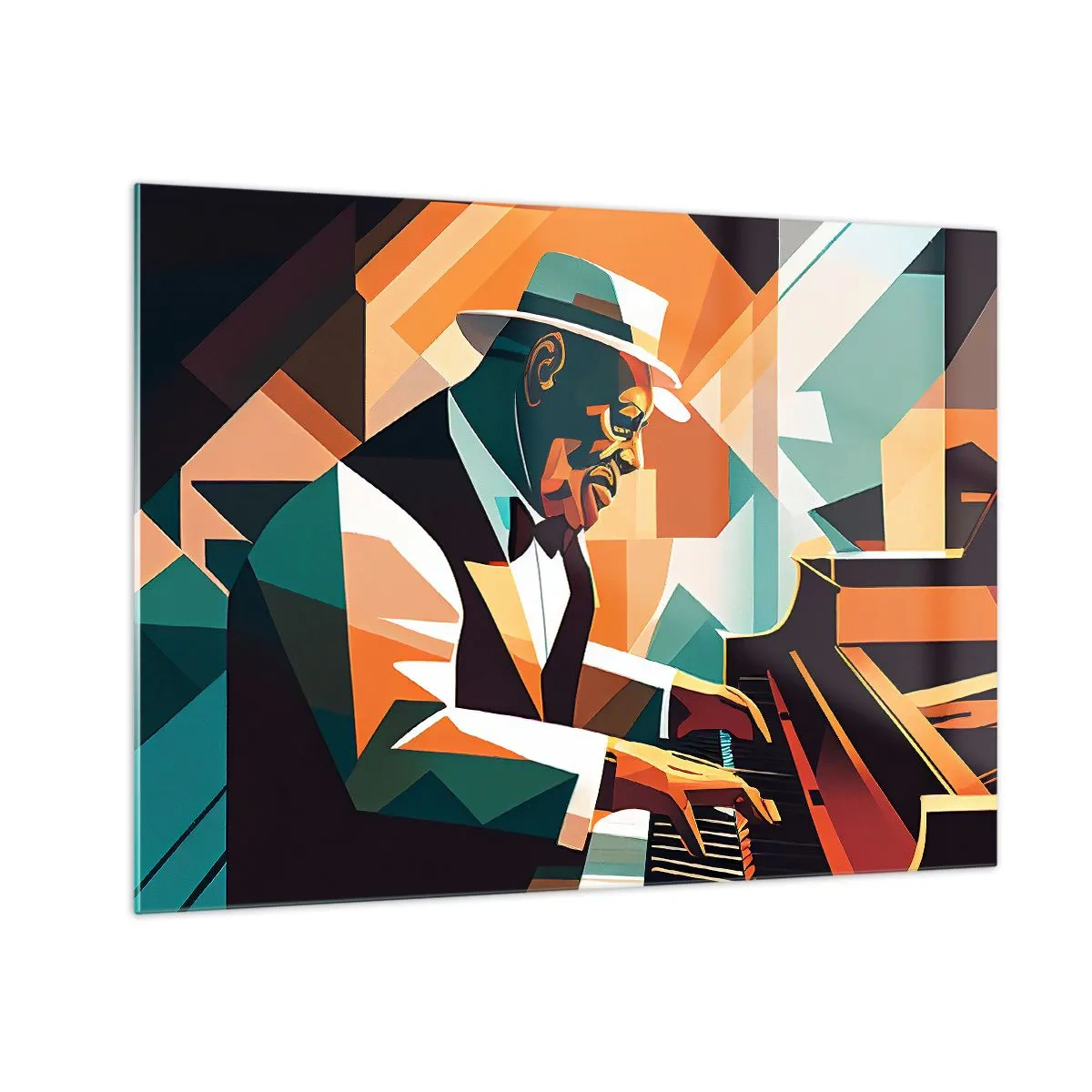 Obraz na skle - Barevný portrét jazzového pianisty - 70x50cm - Celý tento jazz - Moderní nástěnná dekorace do obývacího pokoje a ložnice ARTTOR