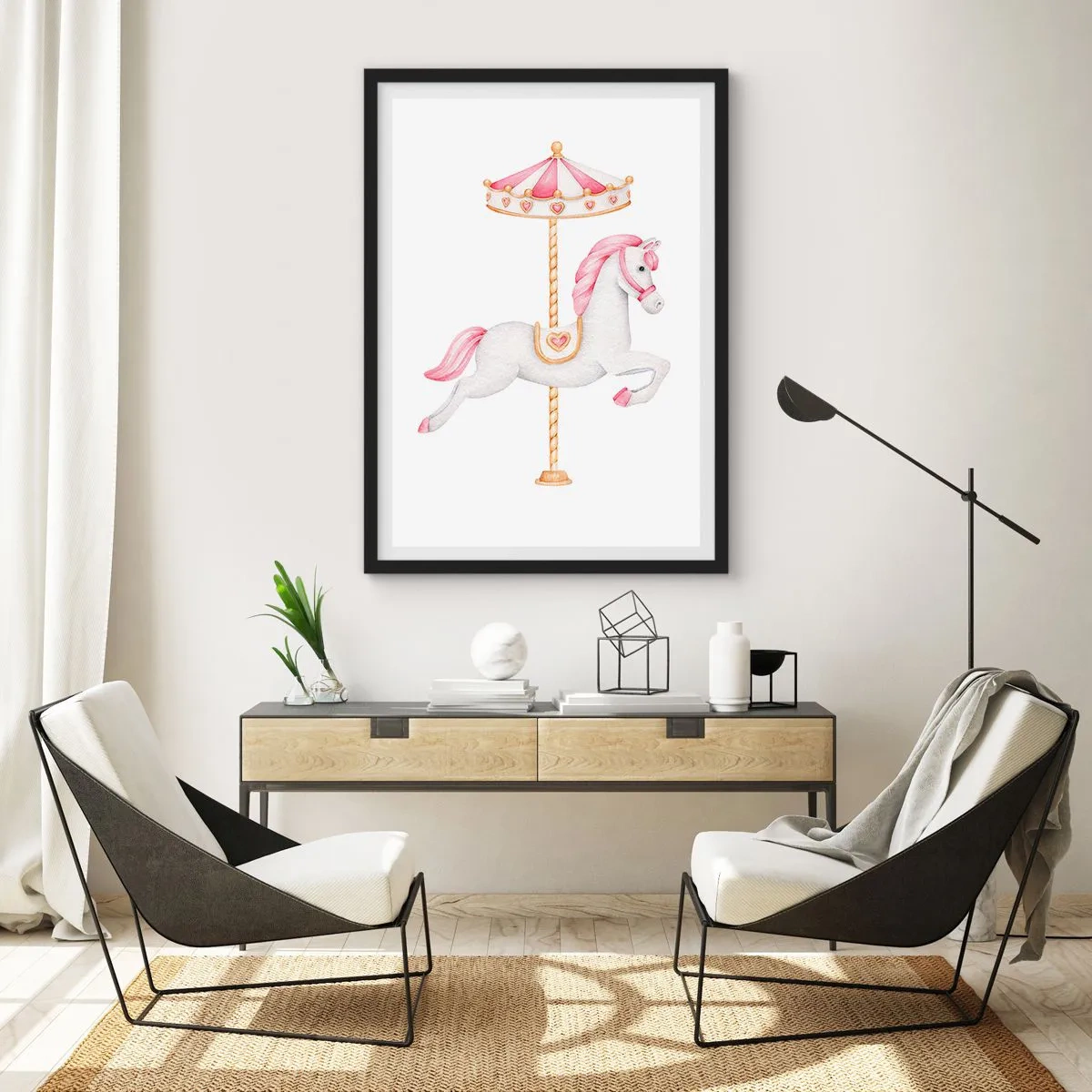 Plakát v černém rámu - Okouzlující bílý kůň na kolotoči v pastelových barvách - 50x70cm - Vyrazil z kopýtka - Moderní nástěnná dekorace do obývacího pokoje a ložnice ARTTOR