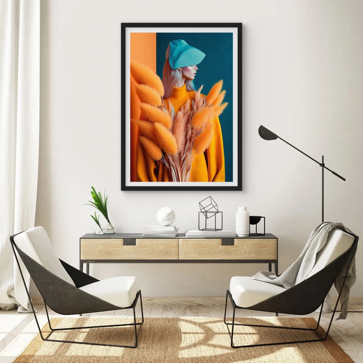 Plakát v černém rámu - Moderní portrét ženy v teplých barvách - 50x70cm - Chlupatý portrét - Moderní nástěnná dekorace do obývacího pokoje a ložnice ARTTOR