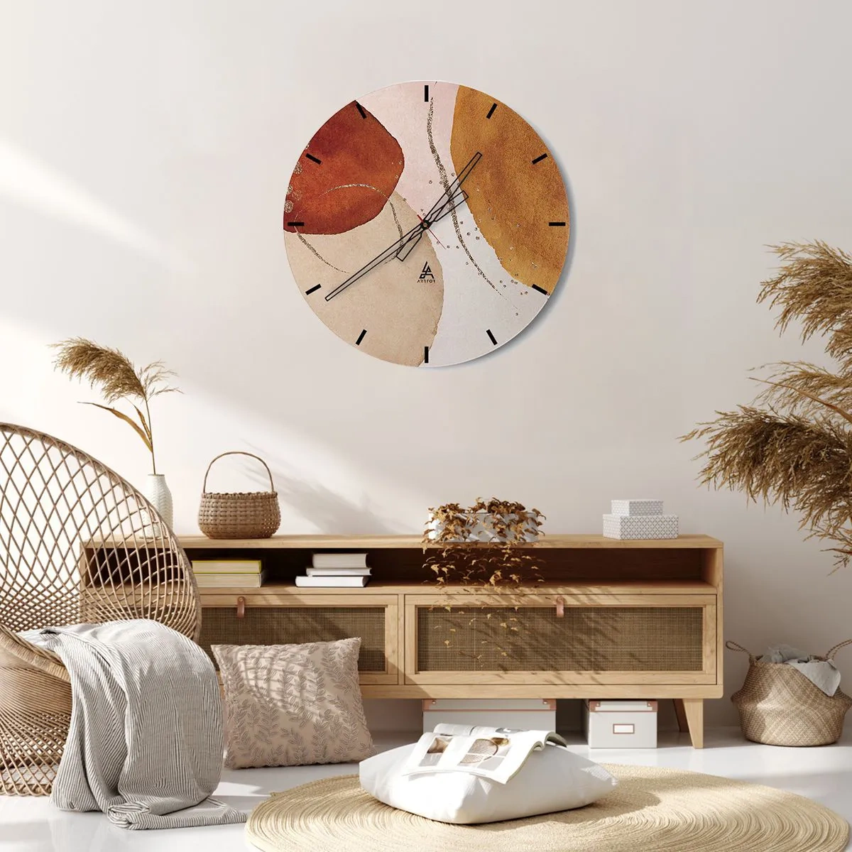 Nástěnné hodiny - Abstraktní kompozice se skvrnami zemitých barev - 30x30cm - Zaoblení a pohyb - Moderní nástěnná dekorace do obývacího pokoje, kuchyně a ložnice ARTTOR