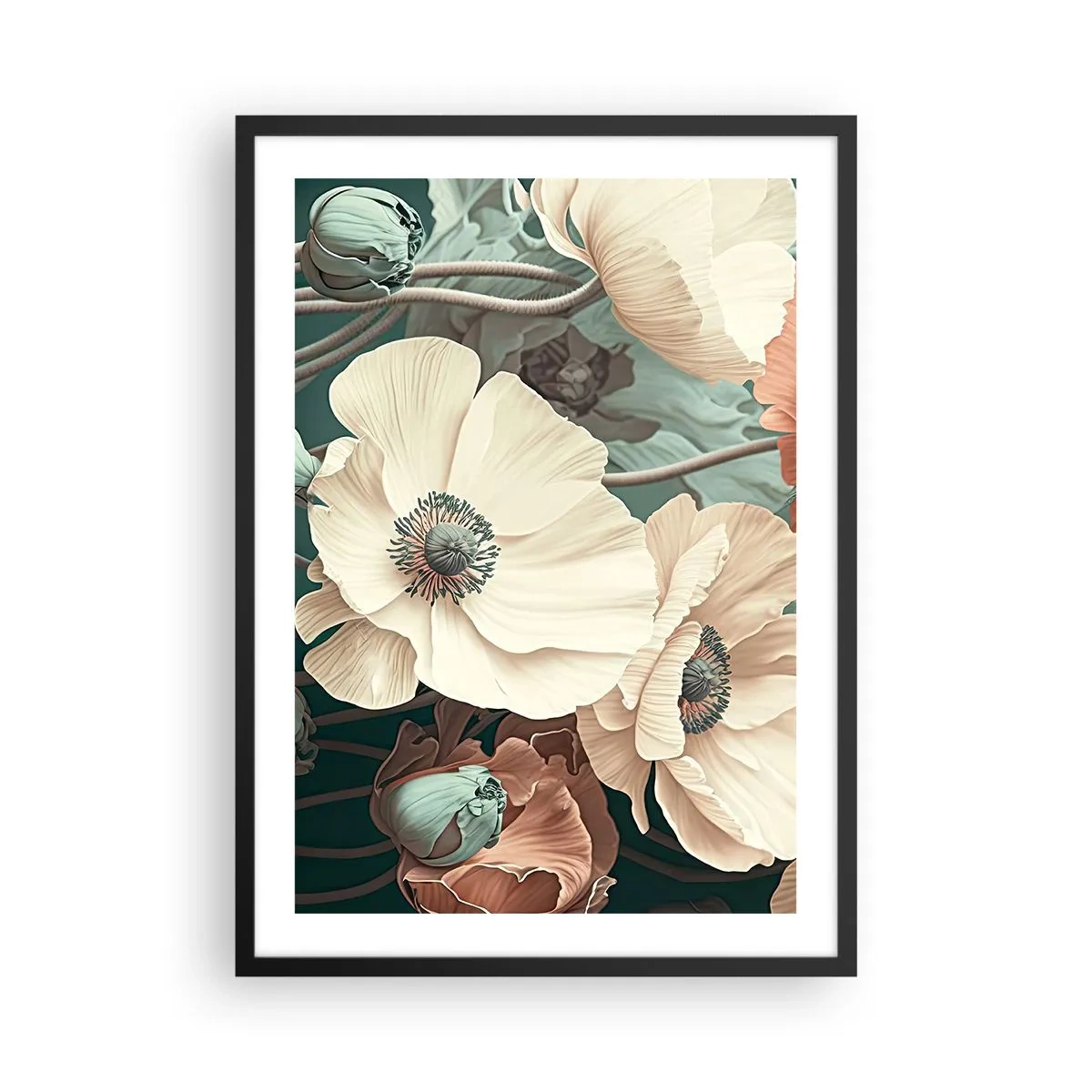 Plakát v černém rámu - Jemné květiny v pastelových odstínech na tmavém pozadí - 50x70cm - Šepot máků - Moderní nástěnná dekorace do obývacího pokoje a ložnice ARTTOR