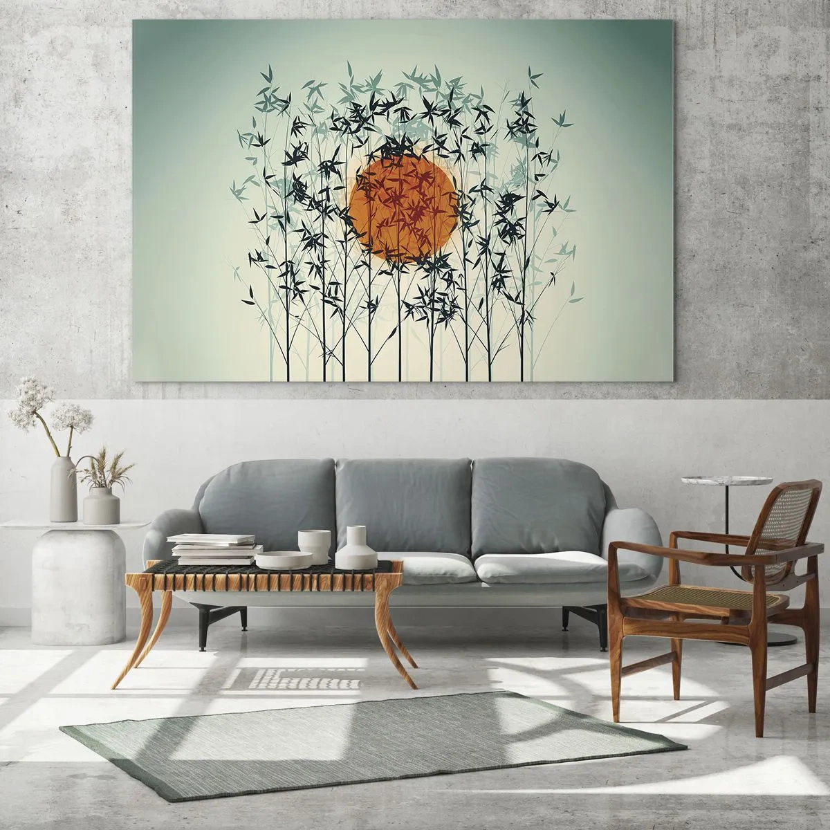 Obraz na skle - Rudé slunce mezi křehkými bambusovými listy - 70x50cm - Japonské slunce - Moderní nástěnná dekorace do obývacího pokoje a ložnice ARTTOR