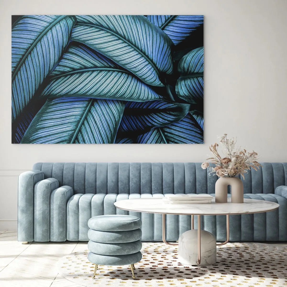 Obraz na skle - Detailní záběr na tyrkysové listy s intenzivní texturou. - 70x50cm - Čáry života - Moderní nástěnná dekorace do obývacího pokoje a ložnice ARTTOR