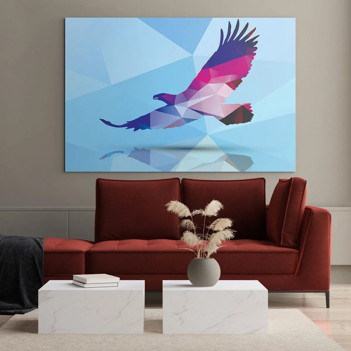 Obraz na skle - Geometrický orel na modrém pozadí - 70x50cm - Orel v liliovém křišťálu - Moderní nástěnná dekorace do obývacího pokoje a ložnice ARTTOR