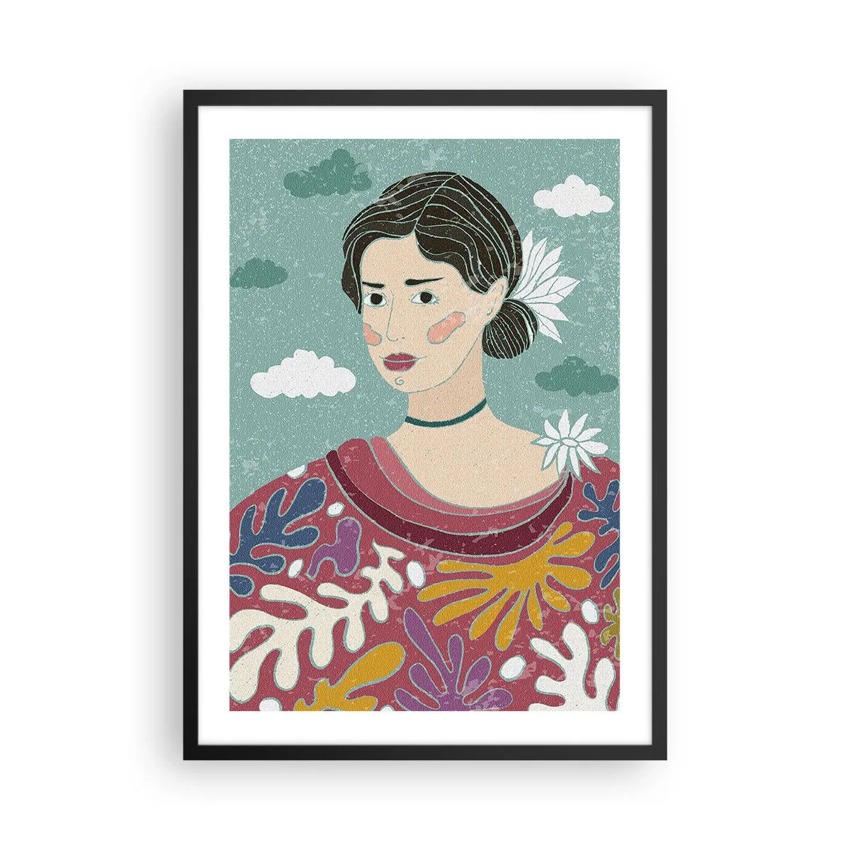 Plakát v černém rámu - Portrét ženy v barevných, stylizovaných šatech na pozadí mraků. - 50x70cm - S melancholií v pohledu - Moderní nástěnná dekorace do obývacího pokoje a ložnice ARTTOR