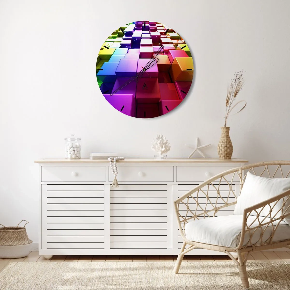 Nástěnné hodiny - Barevné kostky v geometrické kompozici - 30x30cm - Op-artové společně v týmu - Moderní nástěnná dekorace do obývacího pokoje, kuchyně a ložnice ARTTOR