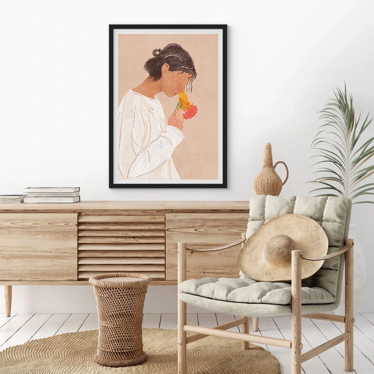 Plakát v černém rámu - Žena v bílém odráží květiny - 50x70cm - Dívka a květiny - Moderní nástěnná dekorace do obývacího pokoje a ložnice ARTTOR