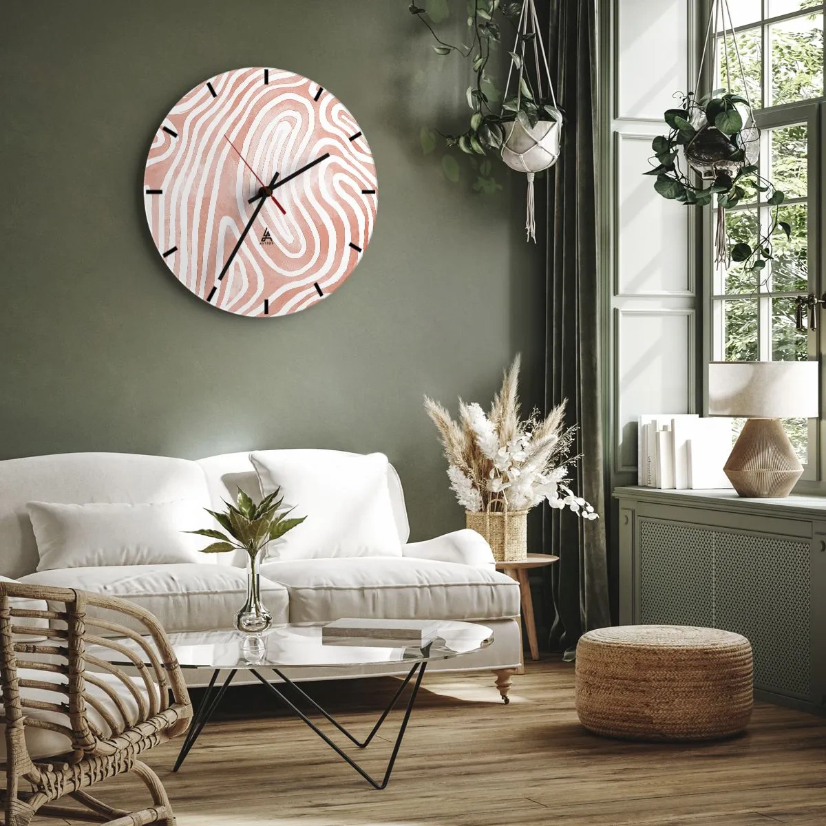 Nástěnné hodiny - Abstraktní vzor připomínající otisky prstů v růžové barvě - 30x30cm - V korálovém labyrintu - Moderní nástěnná dekorace do obývacího pokoje, kuchyně a ložnice ARTTOR