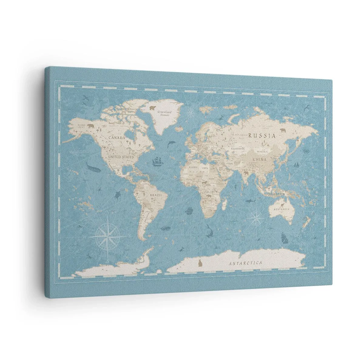 Obraz na plátně - Dekorativní mapa světa v odstínech modré a béžové - 70x50cm - Svět na dosah ruky - Moderní nástěnná dekorace do obývacího pokoje a ložnice ARTTOR