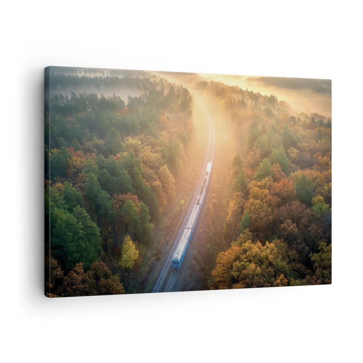 Obraz na plátně - Vlak v podzimním lese za úsvitu - 70x50cm - Podzimní cesta - Moderní nástěnná dekorace do obývacího pokoje a ložnice ARTTOR