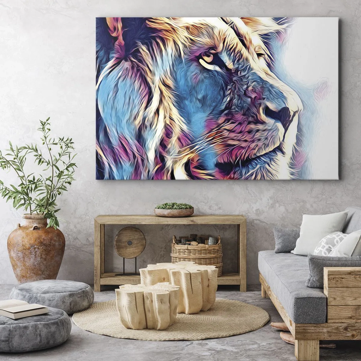 Obraz na plátně - Portrét lva v živých, abstraktních barvách - 70x50cm - Moudrost přírody - Moderní nástěnná dekorace do obývacího pokoje a ložnice ARTTOR
