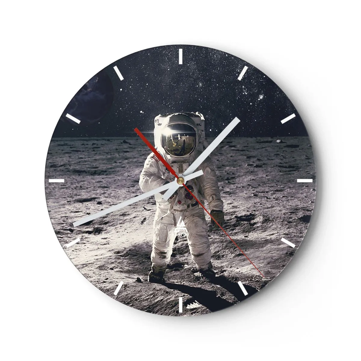 Nástěnné hodiny - Astronaut na měsíčním povrchu - 30x30cm - Pozdrav z Měsíce - Moderní nástěnná dekorace do obývacího pokoje, kuchyně a ložnice ARTTOR