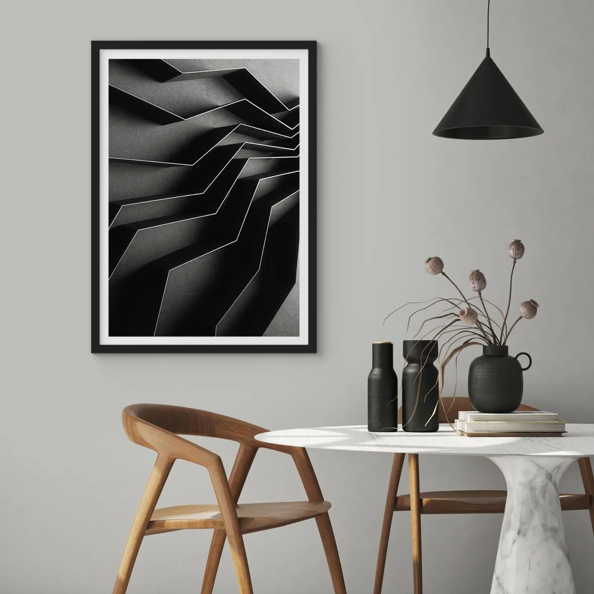 Plakát v černém rámu - Černobílá kompozice geometrických, prostorových struktur - 50x70cm - Prostorový pořádek - Moderní nástěnná dekorace do obývacího pokoje a ložnice ARTTOR