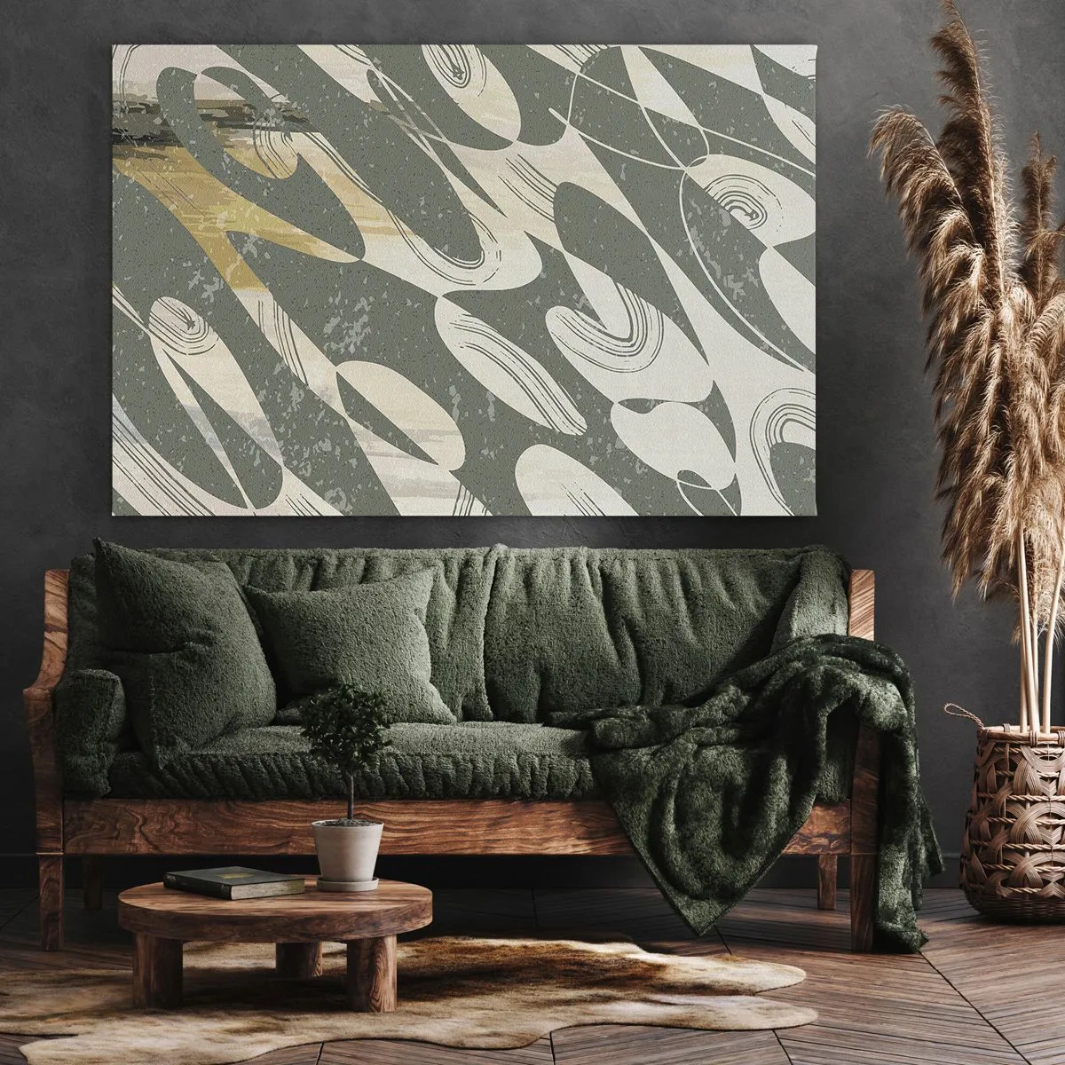 Obraz na plátně - Dynamické tvary v odstínech zelené a zlaté - 70x50cm - Rytmizovaná abstrakce - Moderní nástěnná dekorace do obývacího pokoje a ložnice ARTTOR