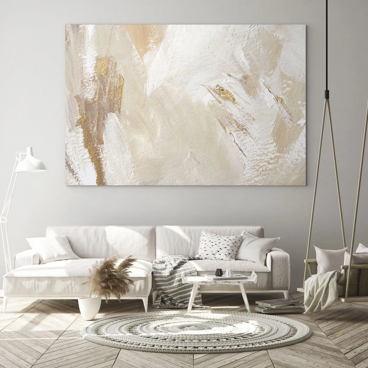 Obraz na skle - Béžová a bílá abstrakce se zlatými akcenty - 70x50cm - Pastelová kompozice - Moderní nástěnná dekorace do obývacího pokoje a ložnice ARTTOR