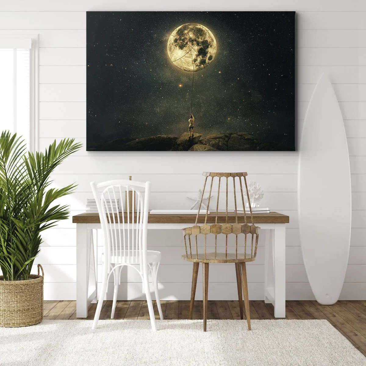 Obraz na plátně - Muž s měsícem proti hvězdné obloze - 70x50cm - Kluk, který ukradl měsíc - Moderní nástěnná dekorace do obývacího pokoje a ložnice ARTTOR