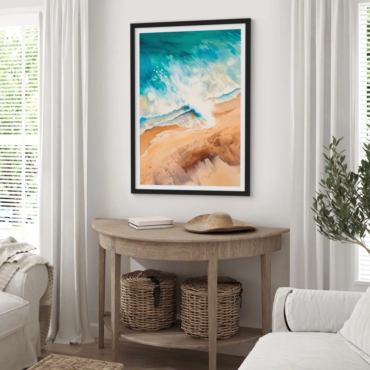 Plakát v černém rámu - Abstraktní scéna vlny narážející na břeh v odstínech tyrkysové a písku. - 50x70cm - Vlna, která se vrací - Moderní nástěnná dekorace do obývacího pokoje a ložnice ARTTOR