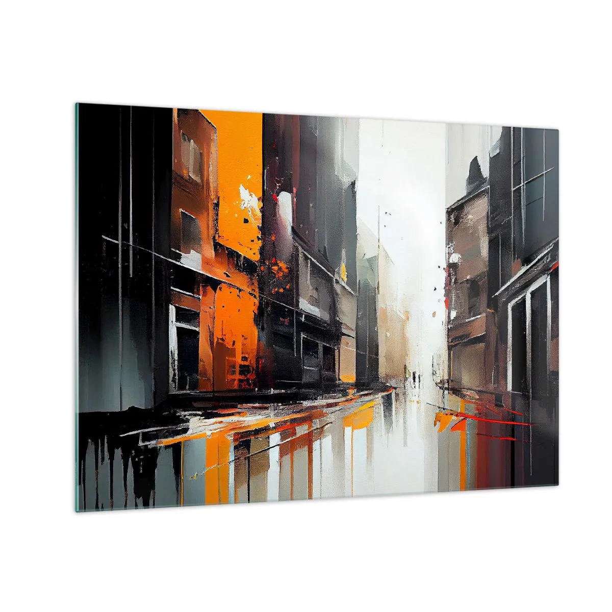 Obraz na skle - Ulice v dešti s vysokými budovami v teplých barvách - 70x50cm - Deštivý den - Moderní nástěnná dekorace do obývacího pokoje a ložnice ARTTOR