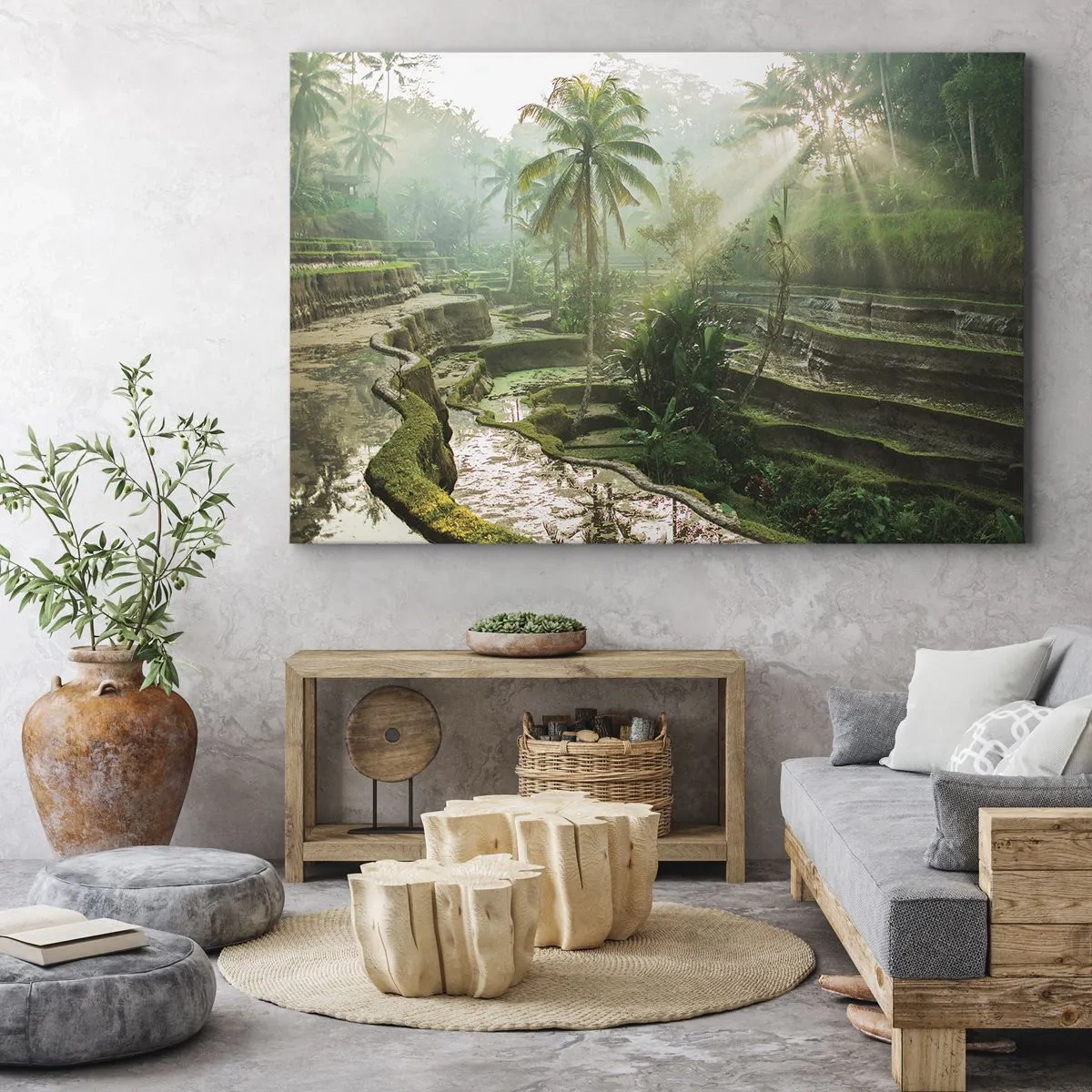 Obraz na plátně - Rýžové terasy s palmami v paprscích slunce - 70x50cm - Vyrůstát na slunci - Moderní nástěnná dekorace do obývacího pokoje a ložnice ARTTOR