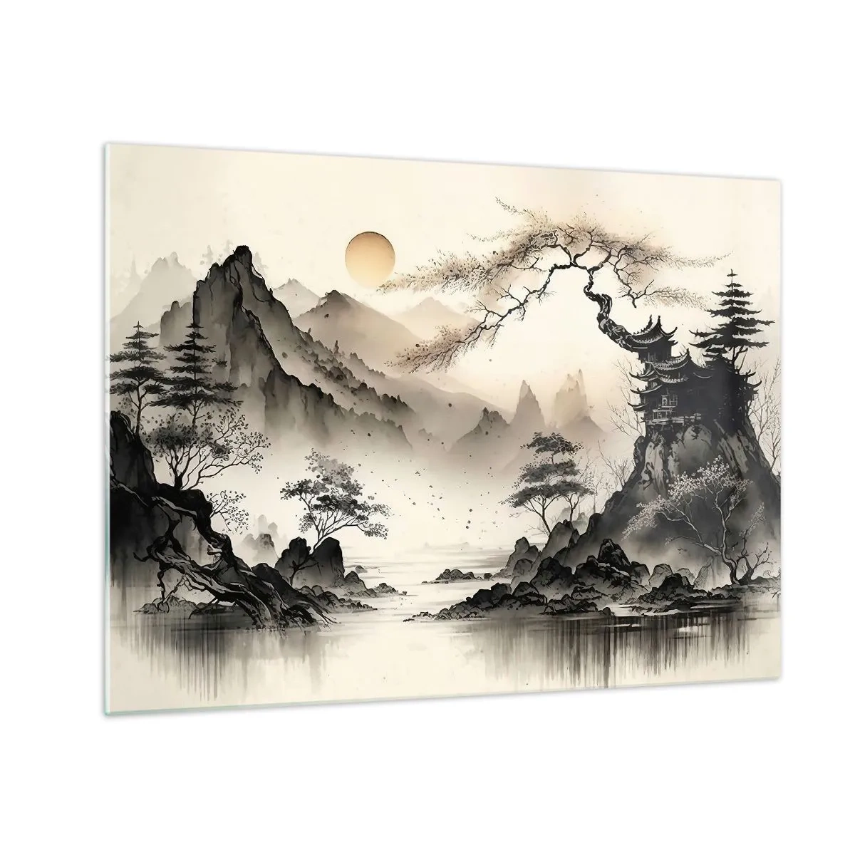 Obraz na skle - Orientální horská krajina s pagodou a stromy - 70x50cm - Jedinečné kouzlo orientu - Moderní nástěnná dekorace do obývacího pokoje a ložnice ARTTOR