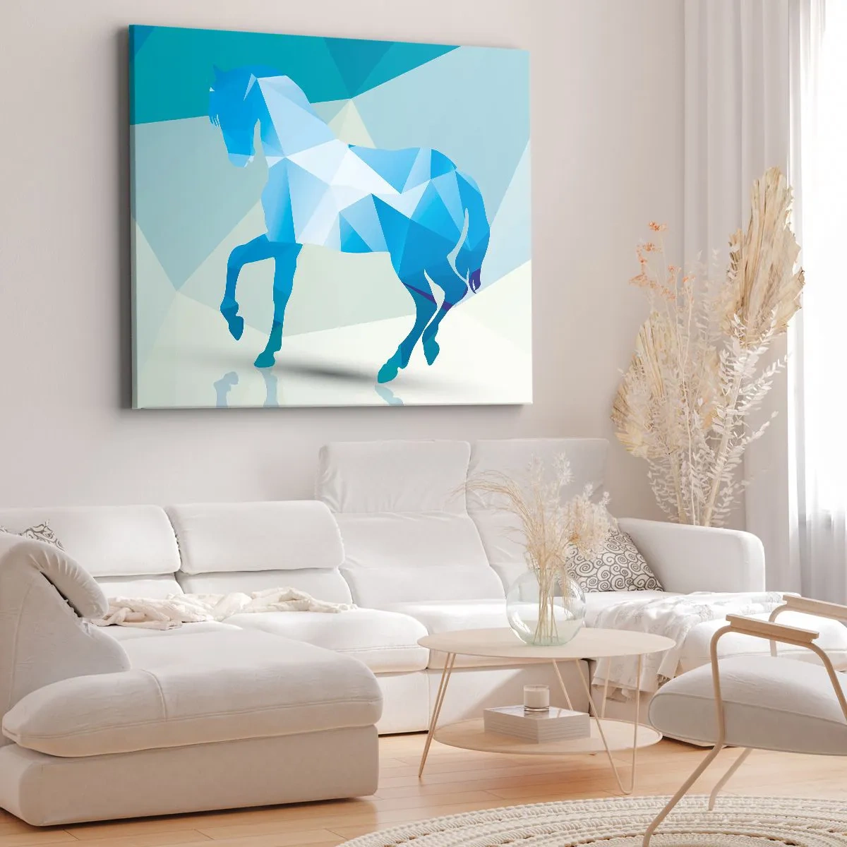 Obraz na plátně - Geometrická silueta koně v odstínech modré - 70x50cm - Geometrický kůň v tyrkysu - Moderní nástěnná dekorace do obývacího pokoje a ložnice ARTTOR