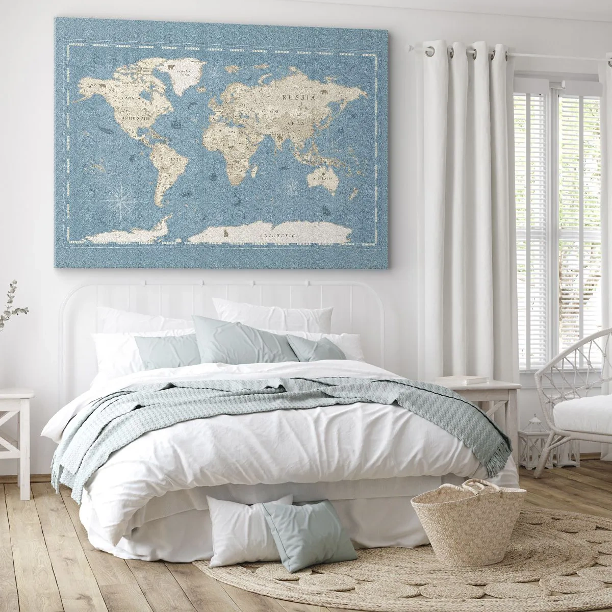 Obraz na plátně - Dekorativní mapa světa v odstínech modré a béžové - 70x50cm - Svět na dosah ruky - Moderní nástěnná dekorace do obývacího pokoje a ložnice ARTTOR