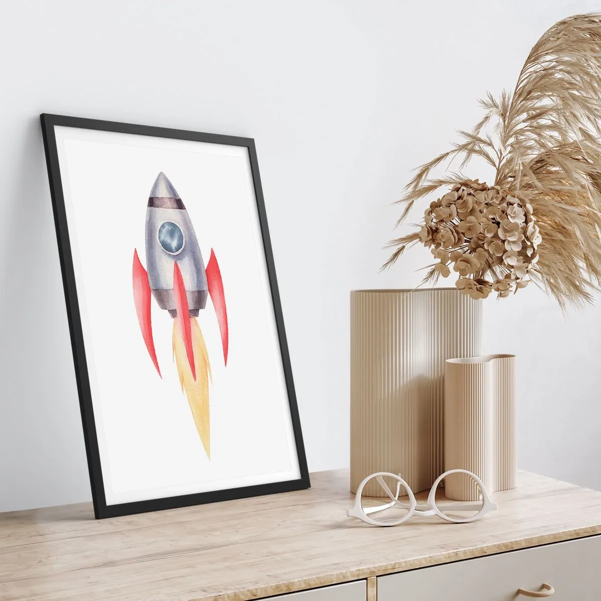 Plakát v černém rámu - Akvarel stylu vesmírné rakety - 50x70cm - Výš, rychleji, dál - Moderní nástěnná dekorace do obývacího pokoje a ložnice ARTTOR