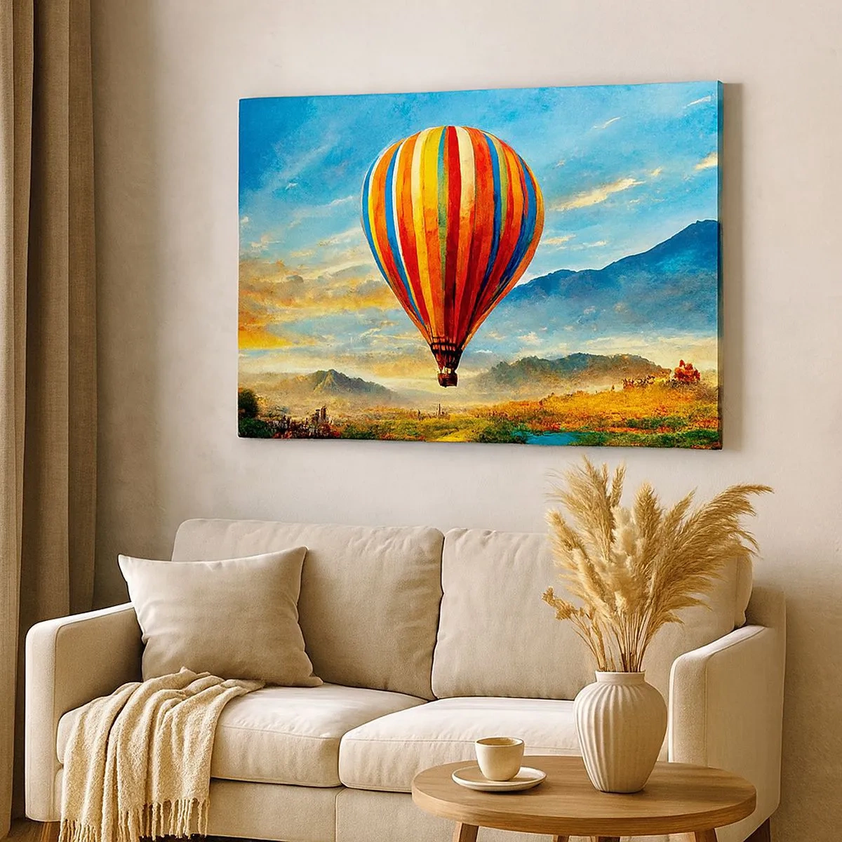 Obraz na plátně - Barevný balón nad malebnou krajinou - 70x50cm - V tichu je toho vidět víc - Moderní nástěnná dekorace do obývacího pokoje a ložnice ARTTOR