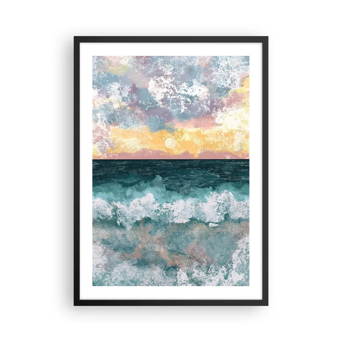 Plakát v černém rámu - Mořské vlny a západ slunce ve stylu akvarelu - 50x70cm - Voda, světlo, vzduch - Moderní nástěnná dekorace do obývacího pokoje a ložnice ARTTOR